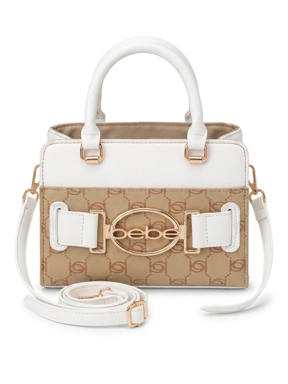 bebe White and Tan Logo Satchel with Gold Accent Hardware